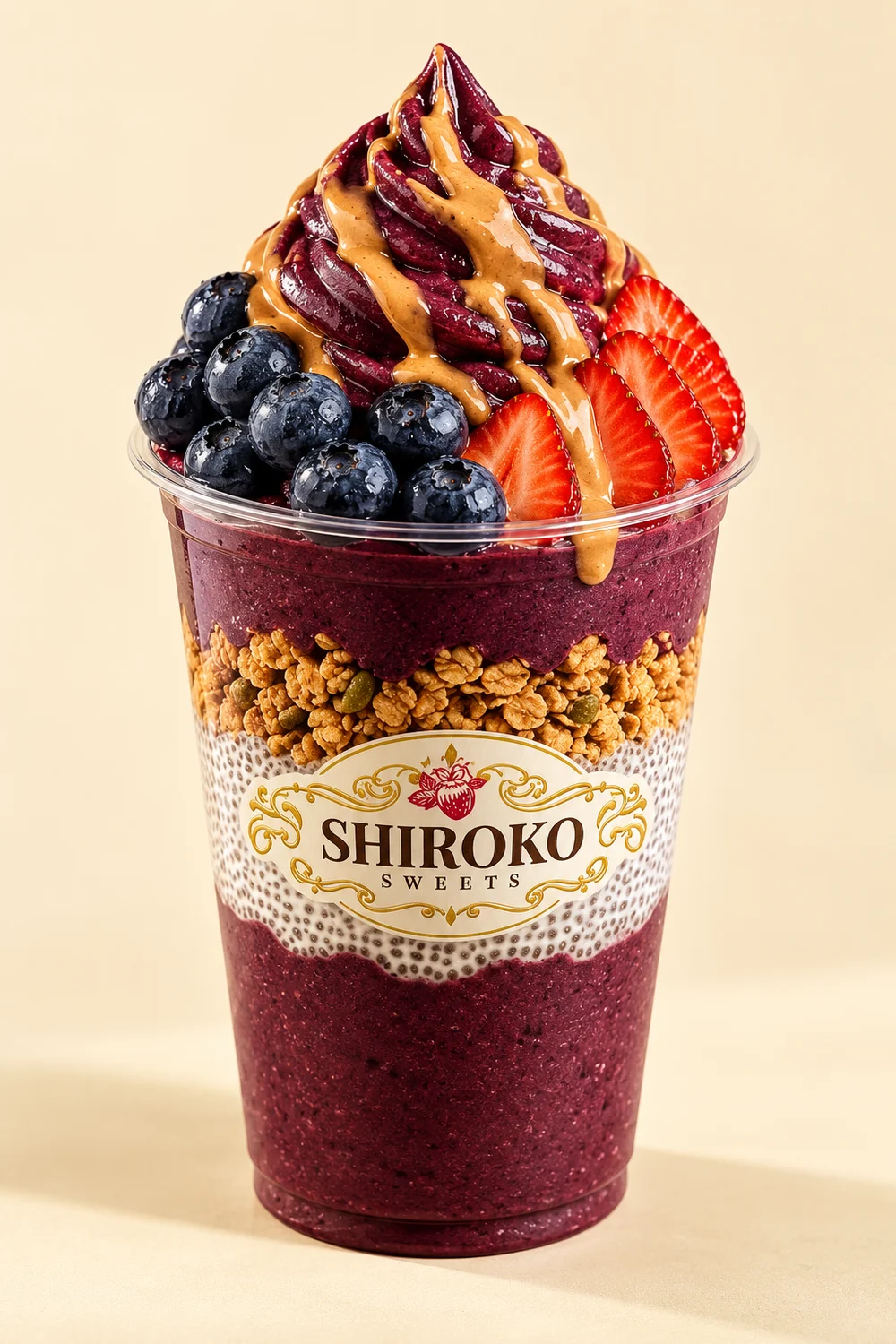 Açai-Becher mit Beeren, Granola, cremigen Schichten und Shiroko-Sweets-Logo – KI-Illustration