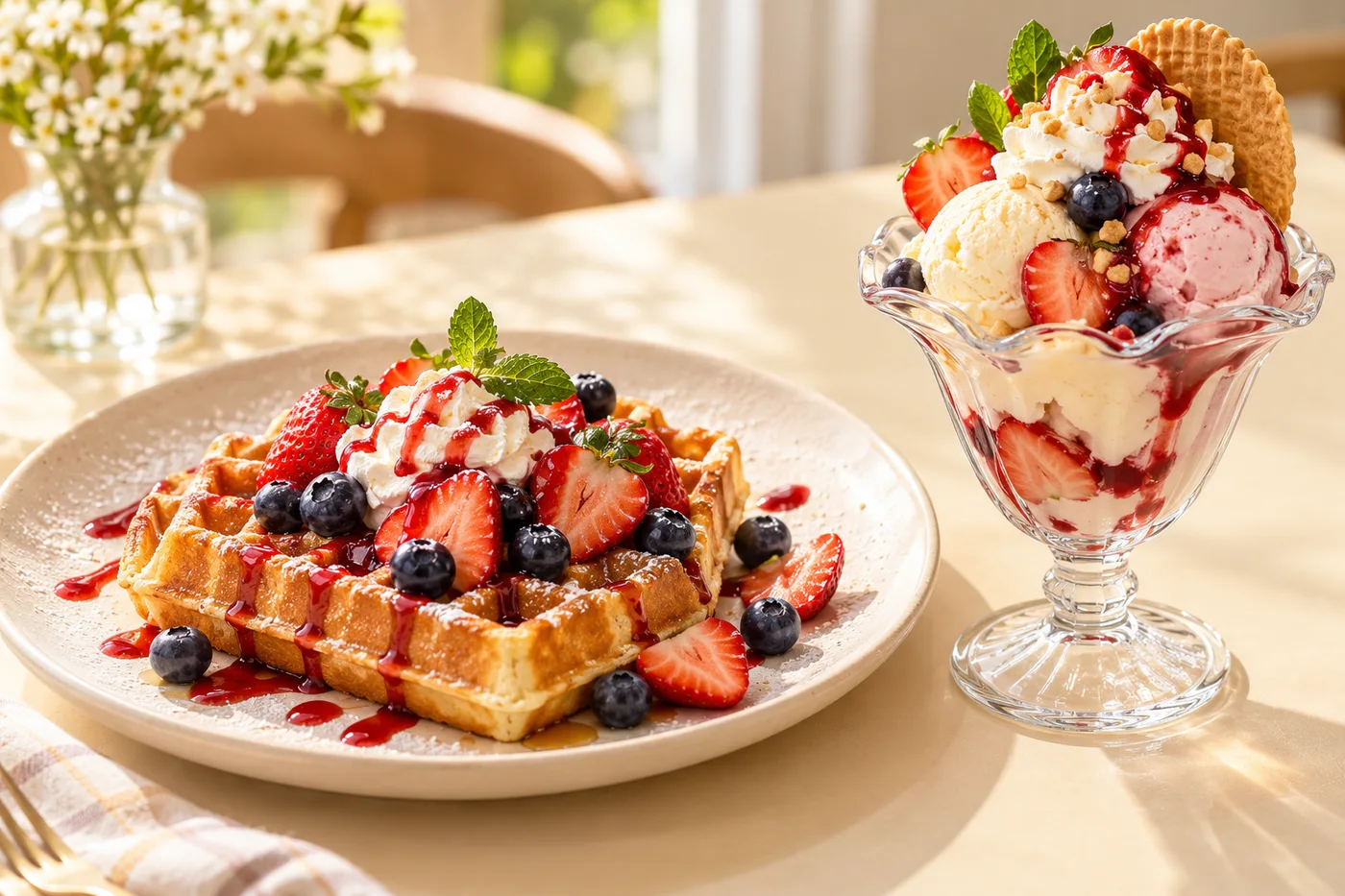 Goldene Waffel mit Früchten und Soße neben einem fruchtigen Eisbecher